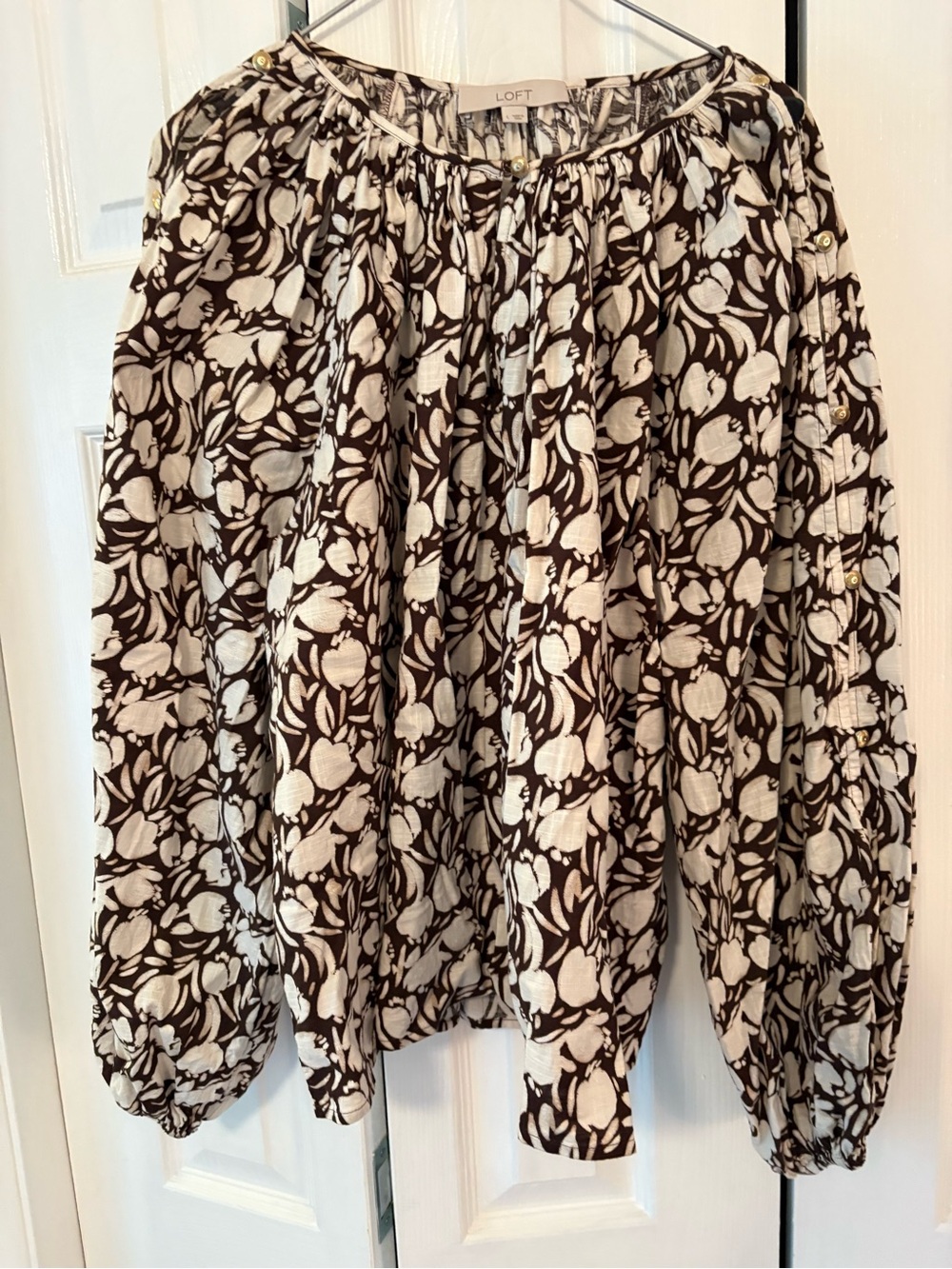 Loft 100% Cotton Brown & Cream Peasant Blouse with gold button